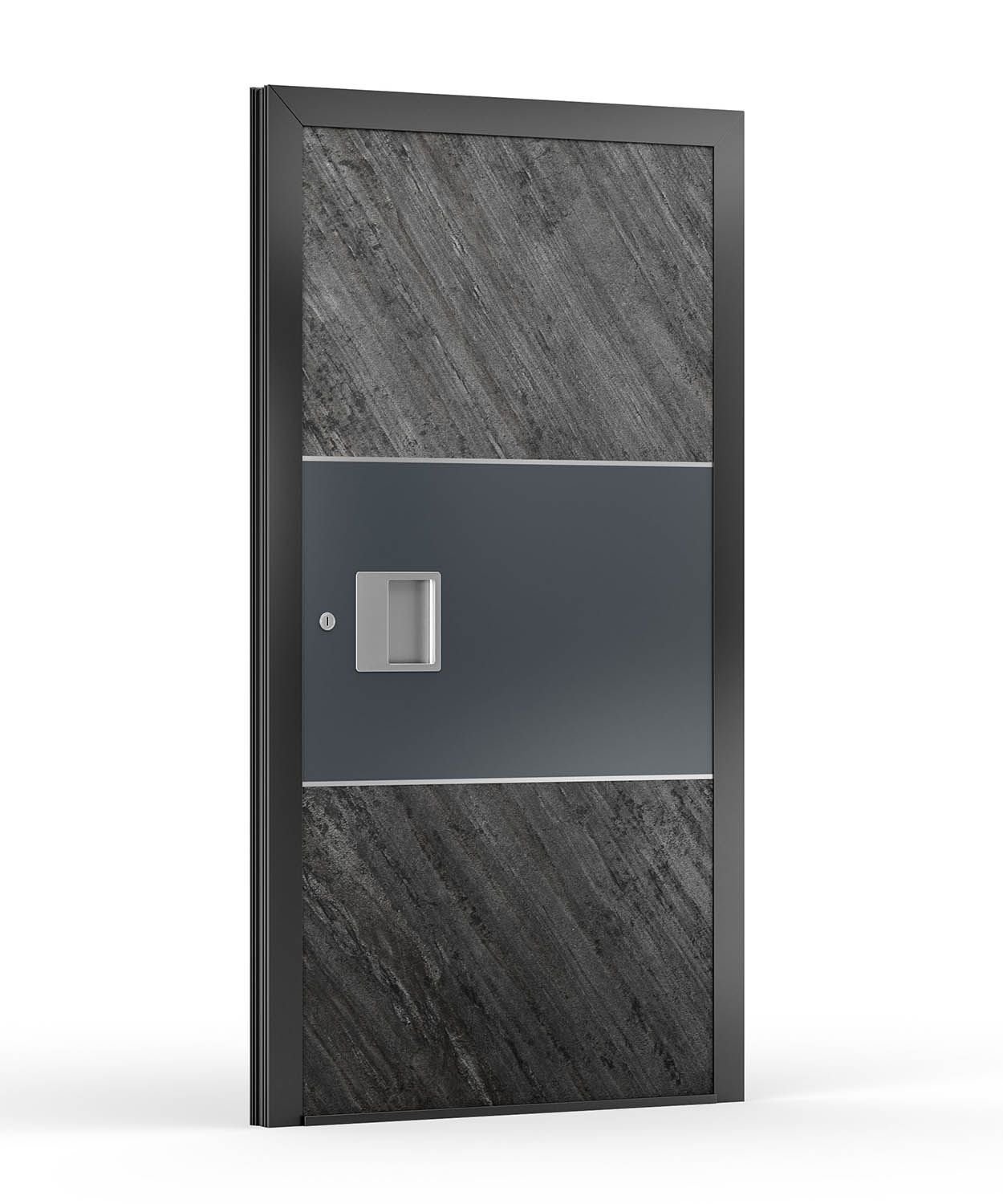 Tür mit grauer Steinstruktur, dunkelgrauem horizontalen Paneel und Metallbeschlägen, eingefasst in einen schwarzen Rahmen.