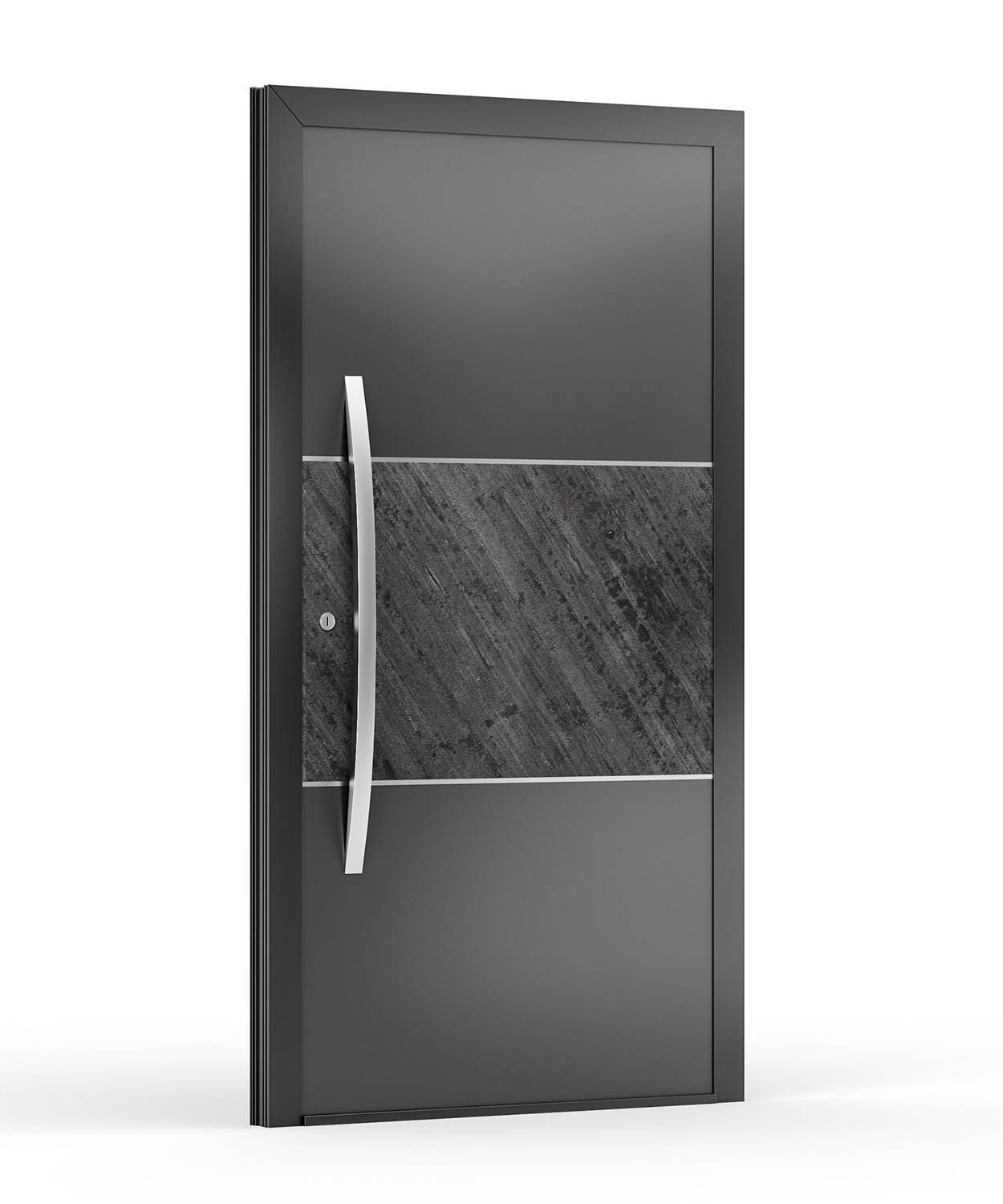 Moderne graue Tür mit Steinplatte und silbernem Griff.