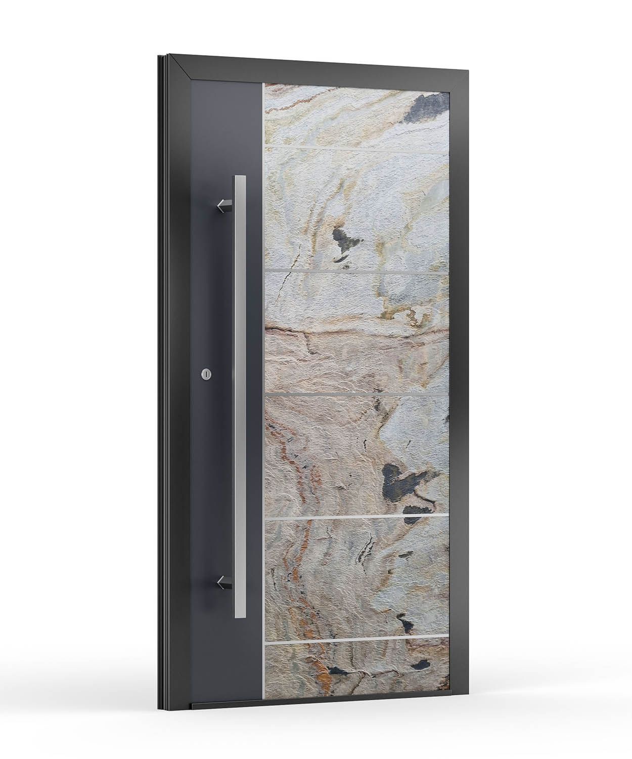 Moderne Haustür mit steinähnlicher Füllung und dunkelgrauem Rahmen, vertikalem Griff und Beschlägen.