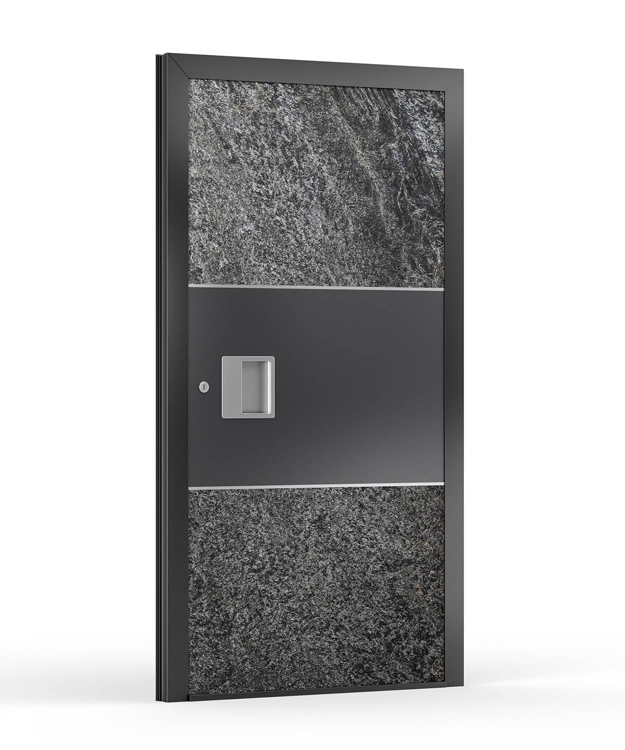 Moderne schwarze Haustür mit steinähnlichen Strukturpaneelen und horizontalen Metallakzenten.