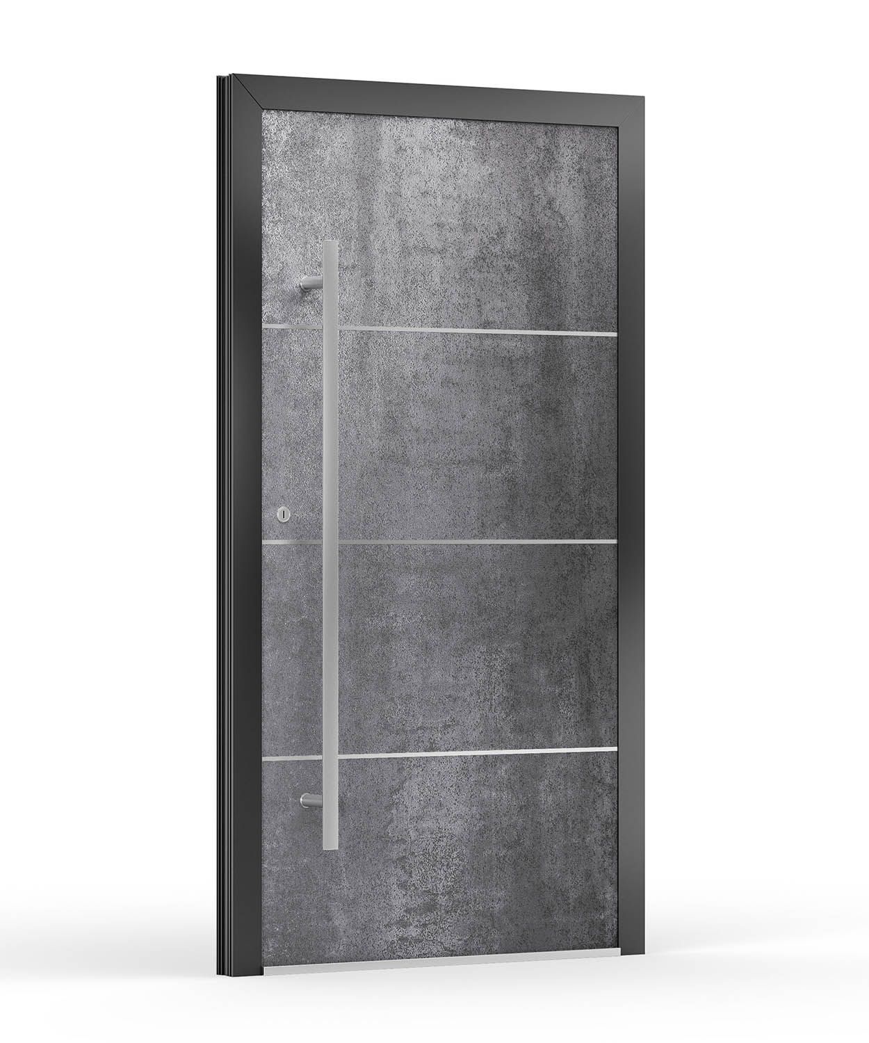 Moderne graue Eingangstür mit vertikalem Griff und horizontalen Linien.
