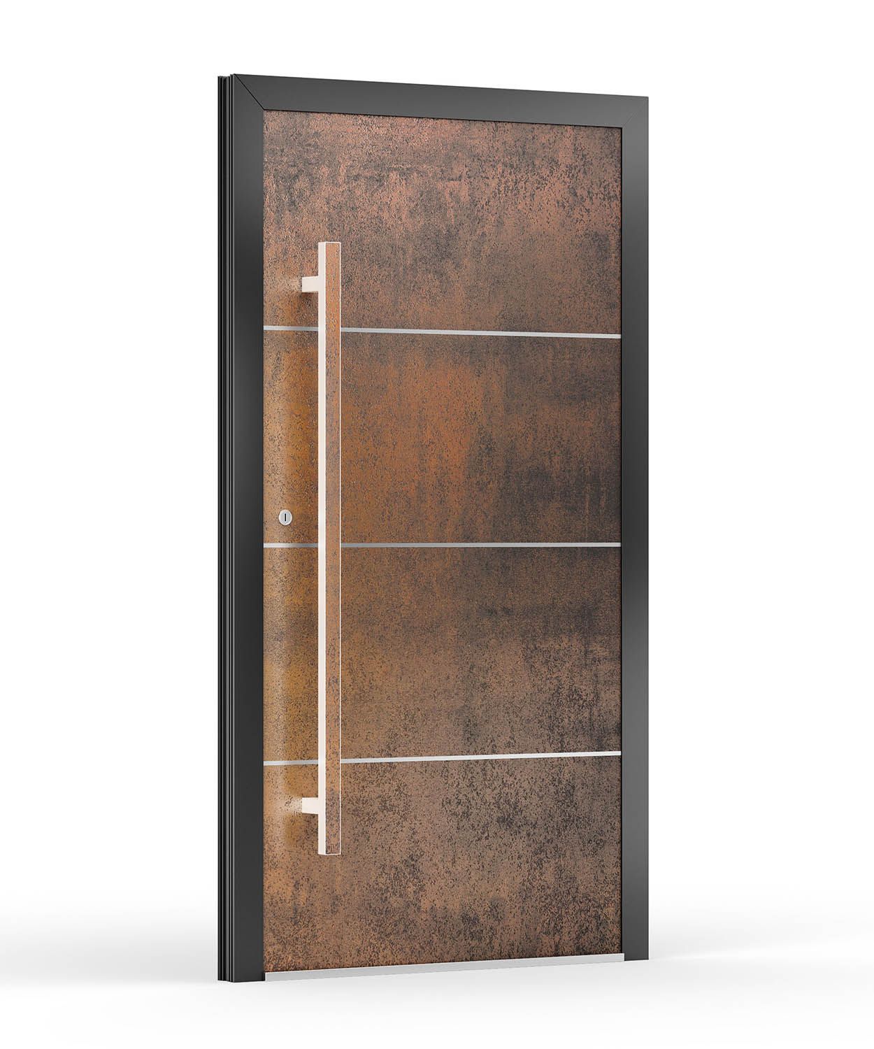 Moderne Bronzetür mit vertikalem Griff, schwarzem Rahmen und horizontalen silbernen Akzenten.