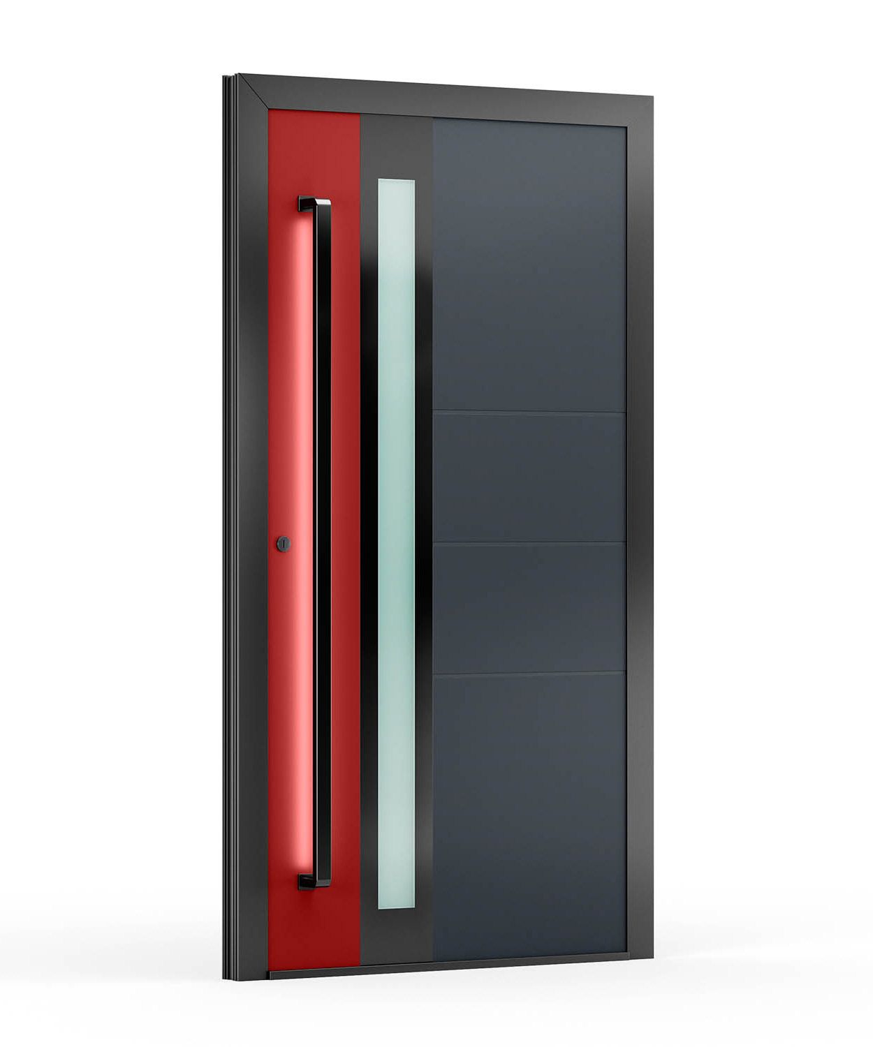 Moderne rot-graue Haustür mit vertikaler Glasplatte und schwarzem Rahmen.