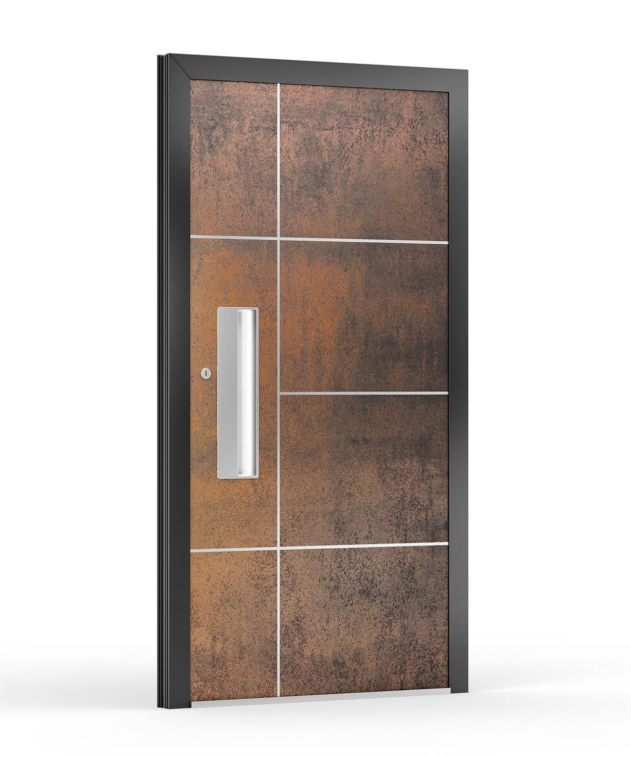 Kupferfarbene Vordertür mit silbernem Griff und horizontalen/vertikalen Akzentlinien, schwarzer Rahmen.