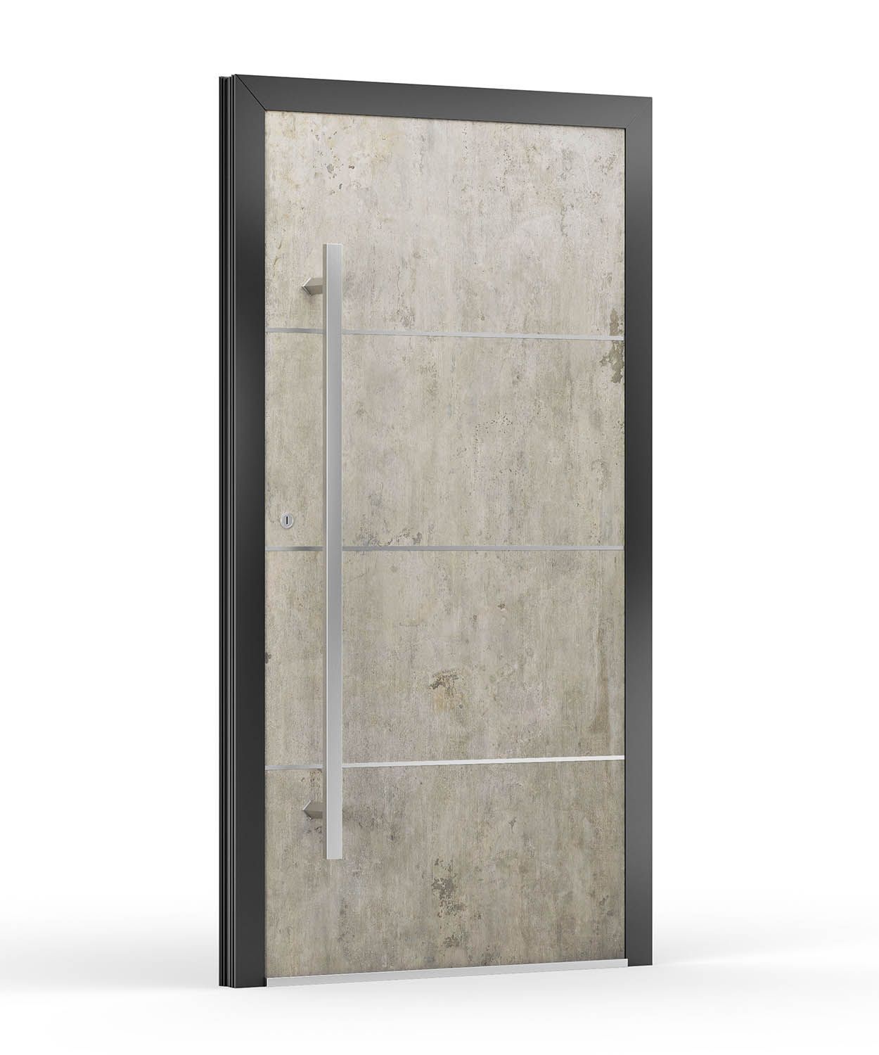 Moderne graue Betontür mit schwarzem Rahmen und vertikalem silbernen Griff.