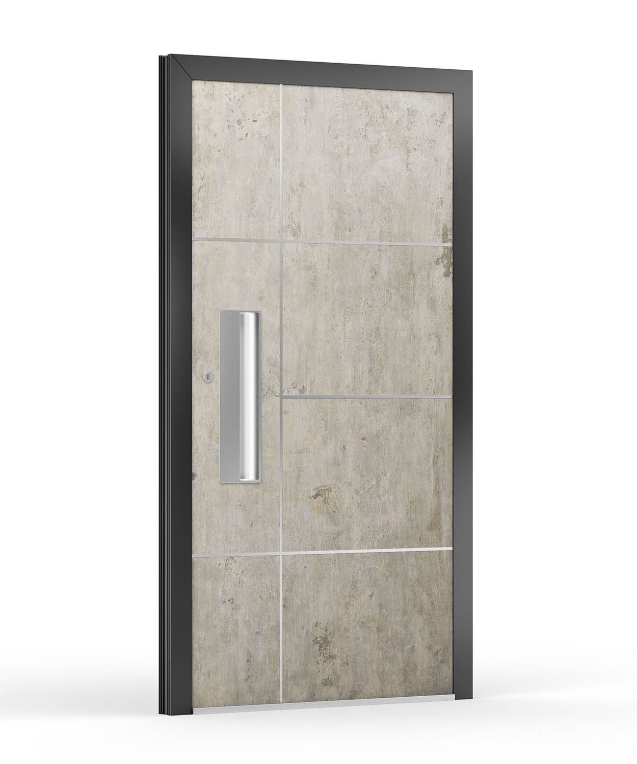 Moderne Tür mit Betonstruktur und silbernem Griff, eingefasst in einen dunkelgrauen Rahmen.