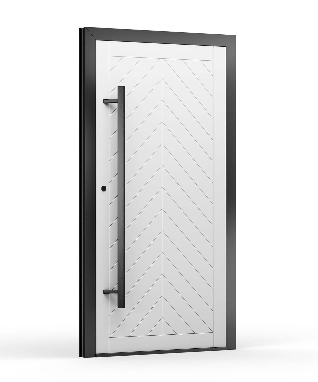 Weiße Haustür mit schwarzem Rahmen und Griff, Fischgrätenmuster.