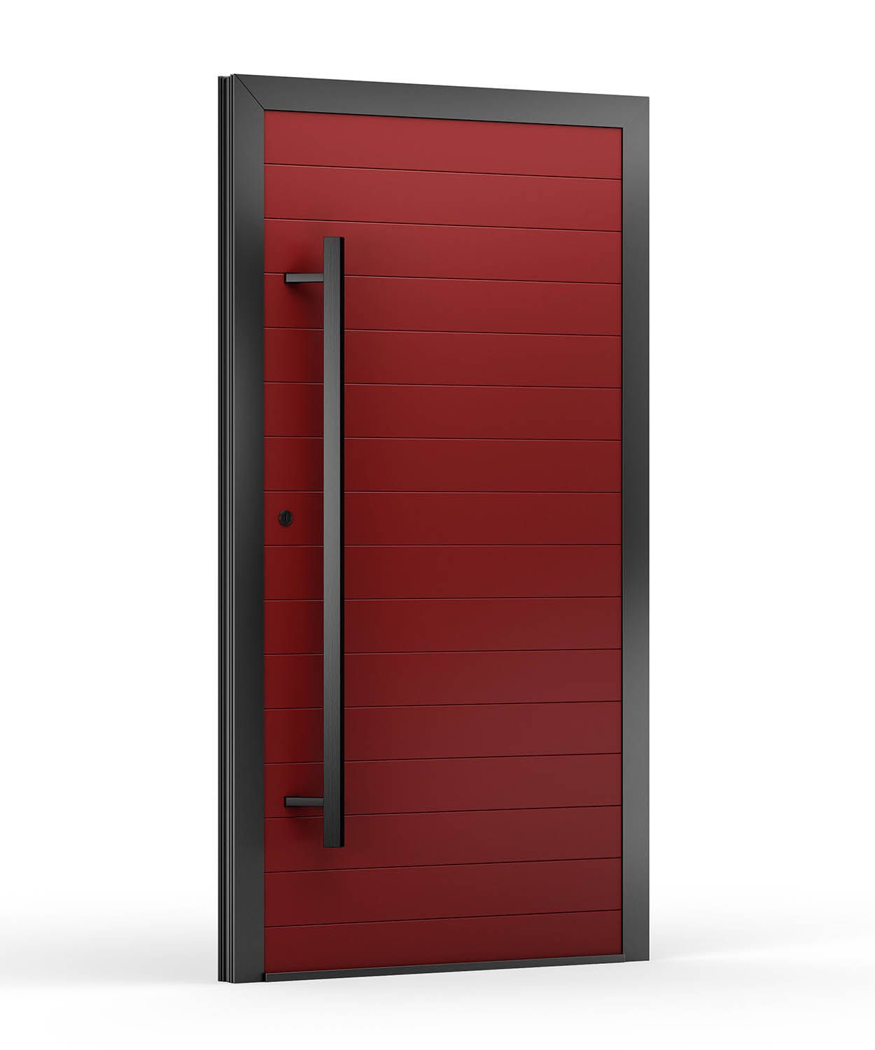 Rote Tür im horizontalen Bretterstil mit schwarzem Rahmen und Griff.