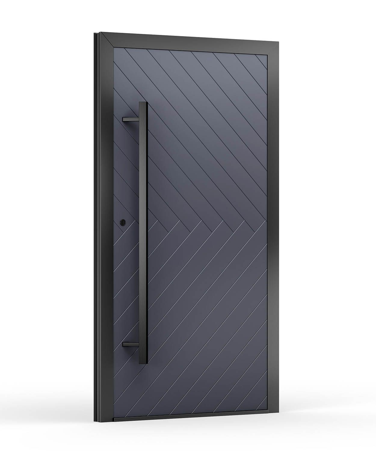 Dunkelgraue, moderne Haustür mit schrägen Nähten und einem schwarzen Griff.