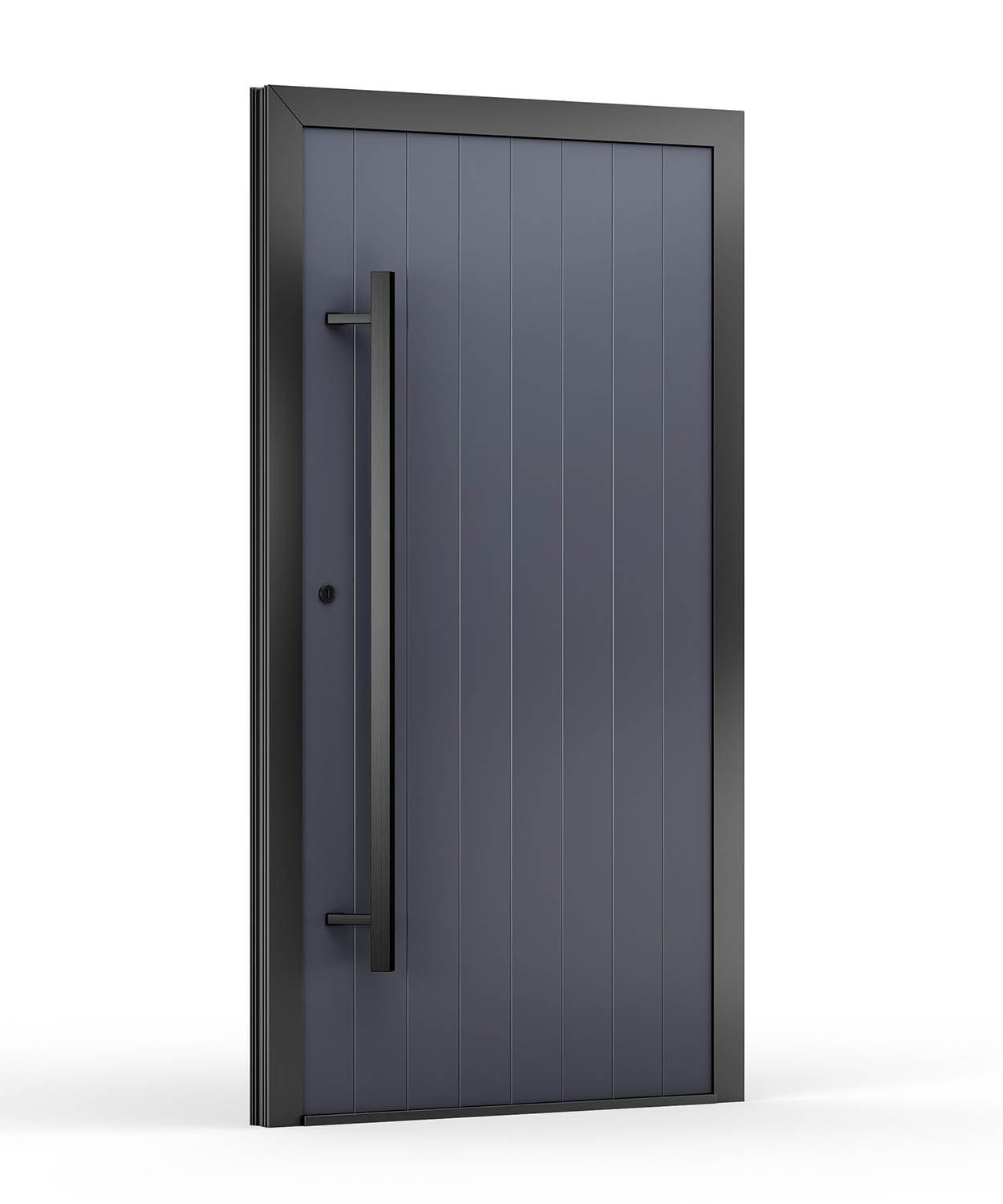 Blaugraue Tür mit vertikalen Rillen, schwarzem Rahmen und langem Griff.