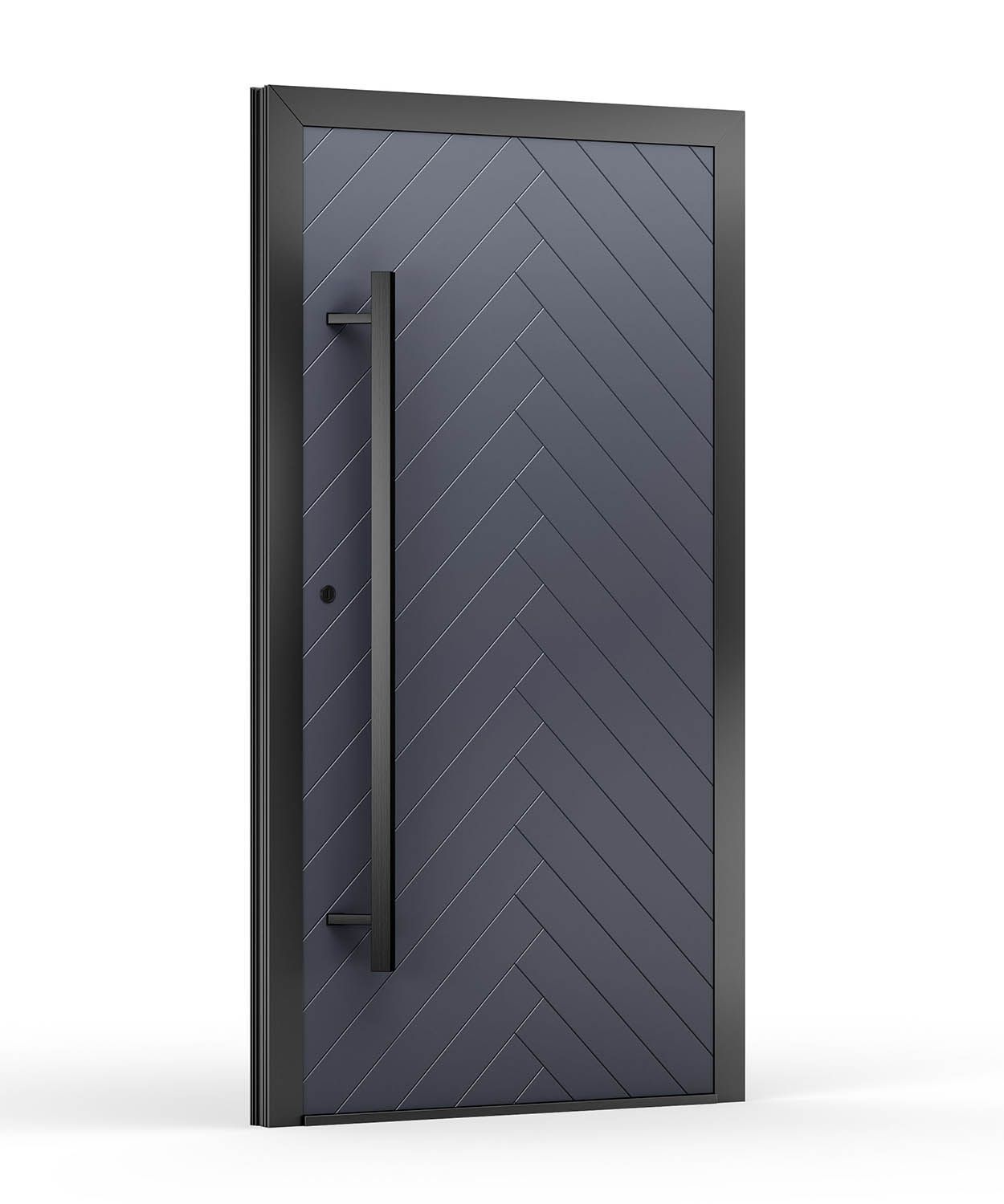Moderne schwarze Tür mit Fischgrätenmuster und langem Griff.