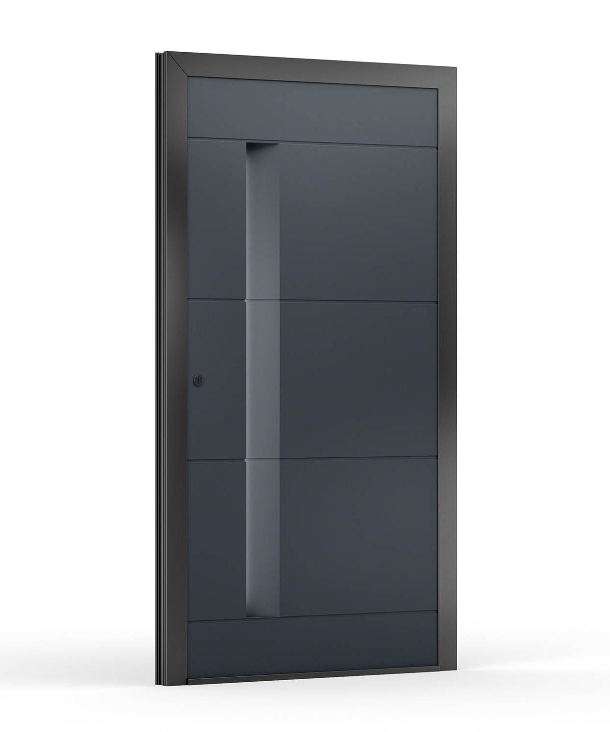 Dunkelgraue Außentür mit vertikalem Griff und horizontalen Paneeldetails.