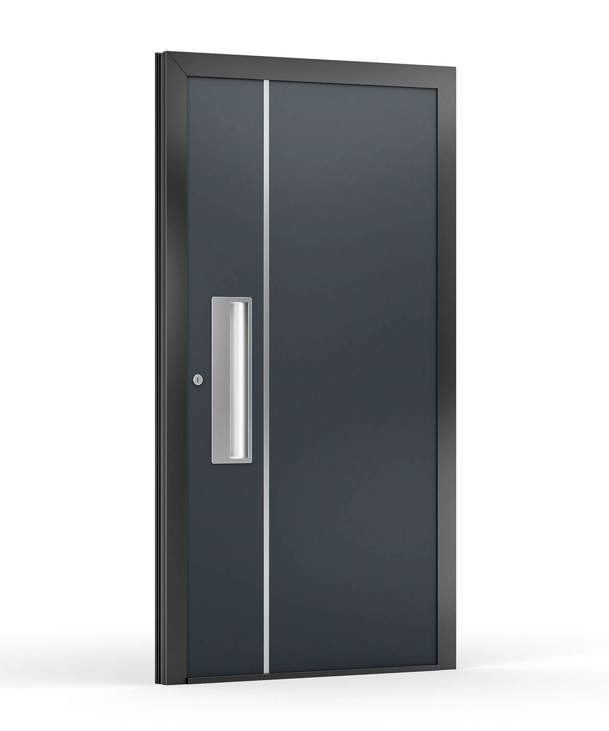 Dunkelgraue, moderne Haustür mit vertikalem silbernen Griff und Akzent.