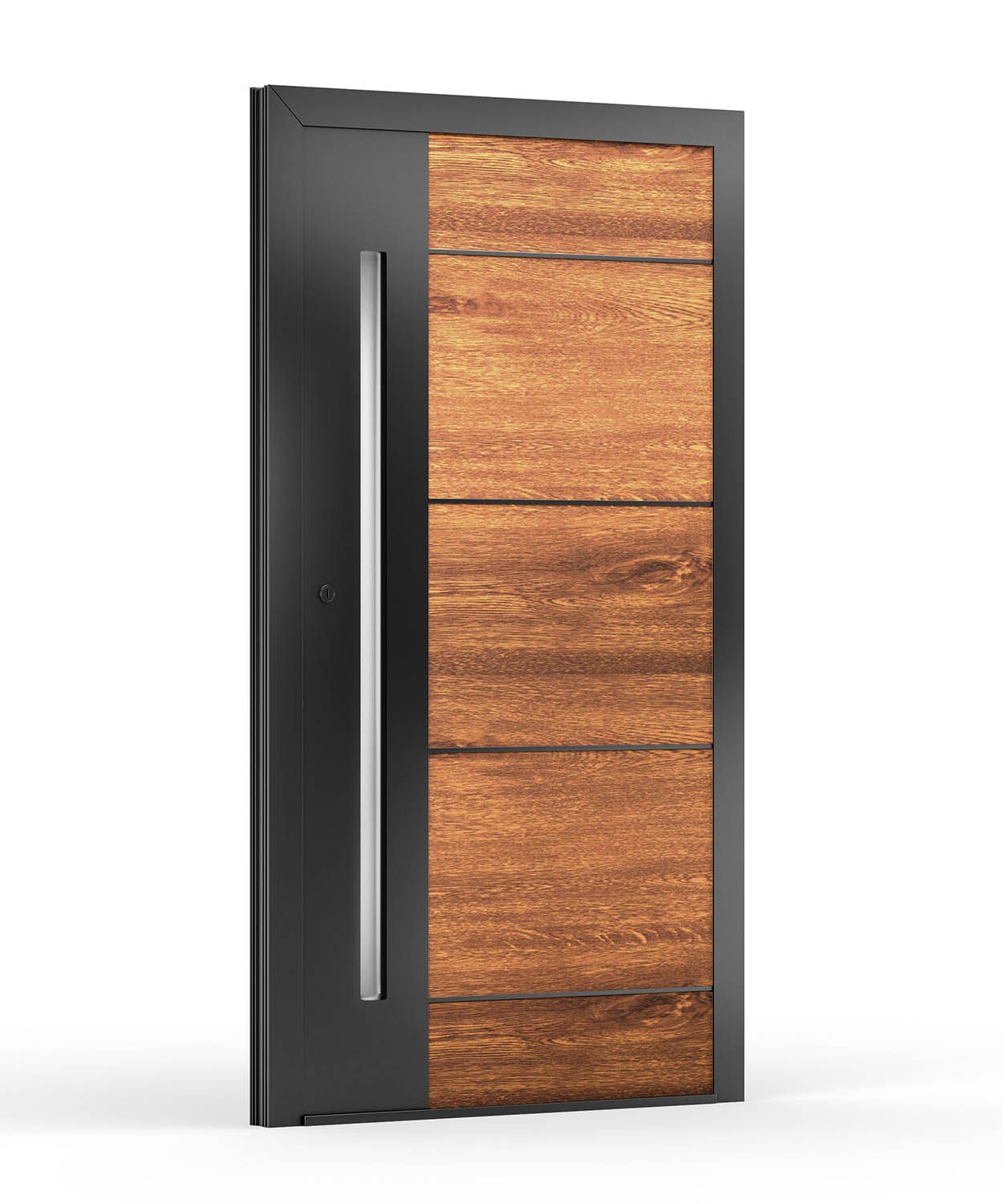Moderne schwarze Tür mit vertikaler Holzverkleidung und silbernem Griff.