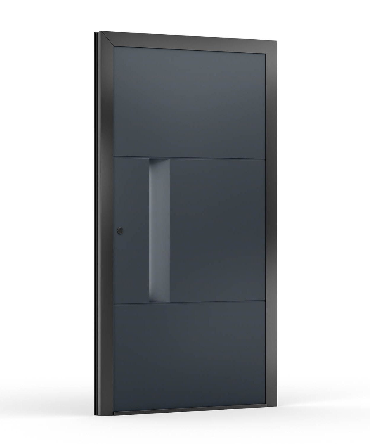 Dunkelgraue, moderne Haustür mit vertikaler Griffmulde.