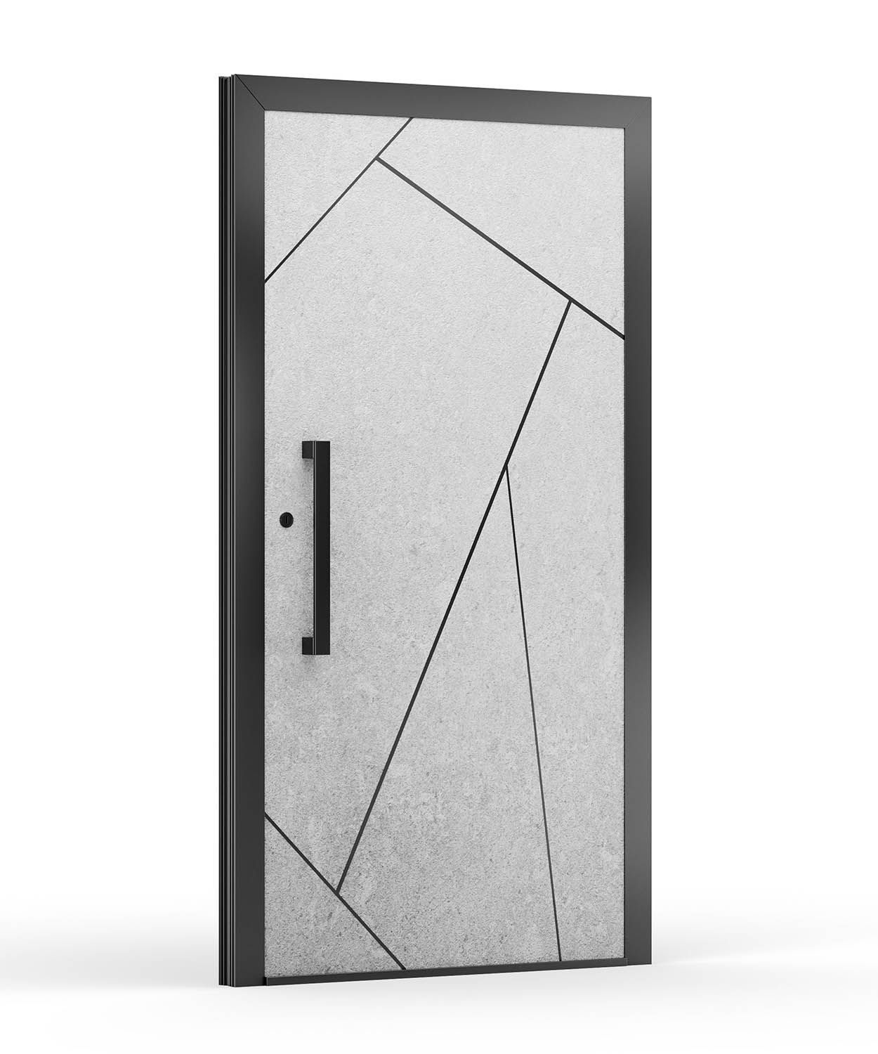 Haustür mit schwarz-weißem geometrischem Muster und langem schwarzen Griff.