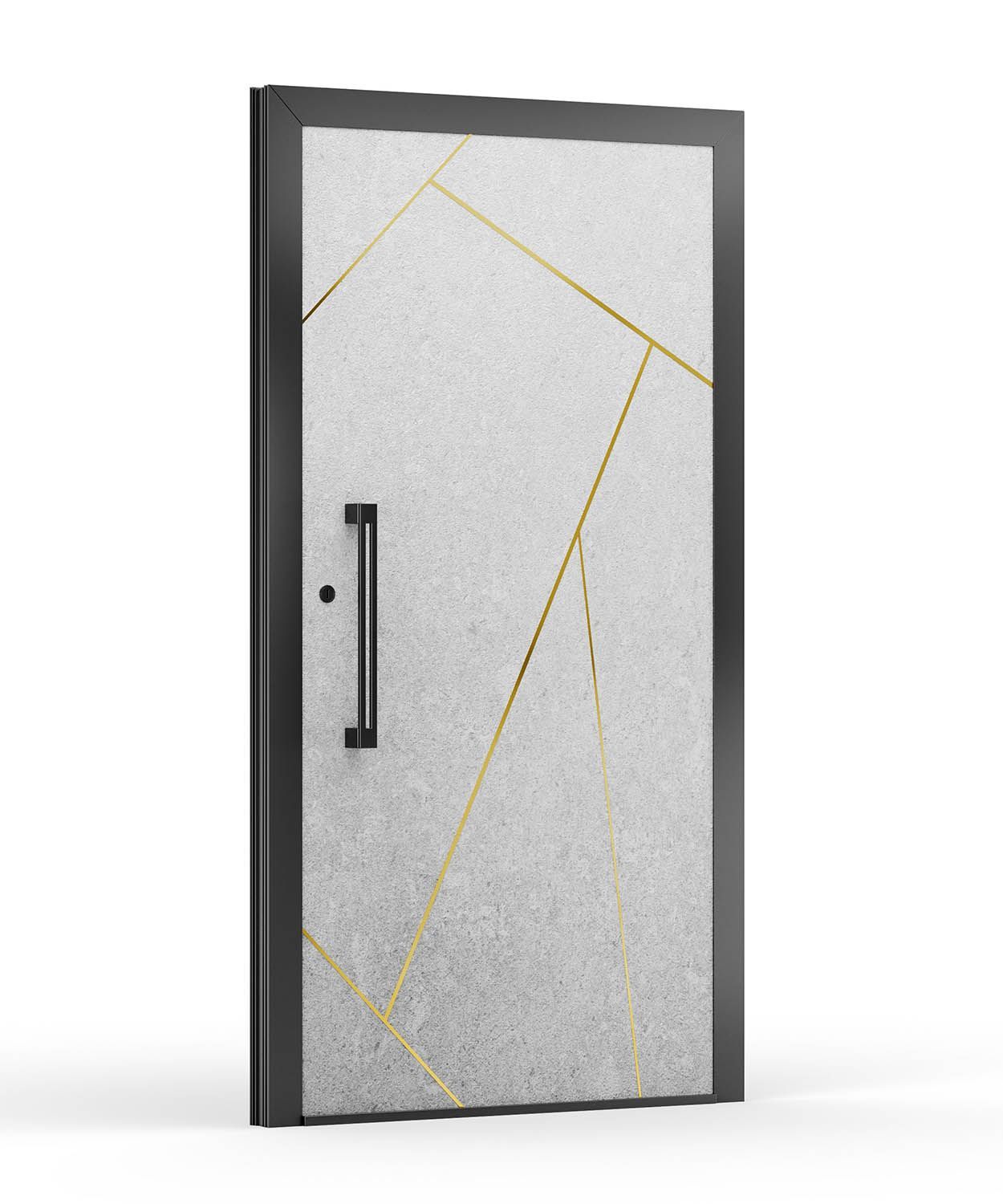 Moderne Tür mit weißer Strukturoberfläche, goldenen geometrischen Linien und schwarzem Rahmen und Griff.