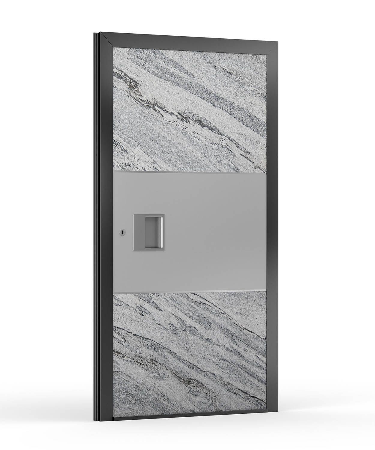Moderne Tür mit grauen Granitplatten, einem Mittelteil aus Edelstahl und einem dunklen Rahmen.