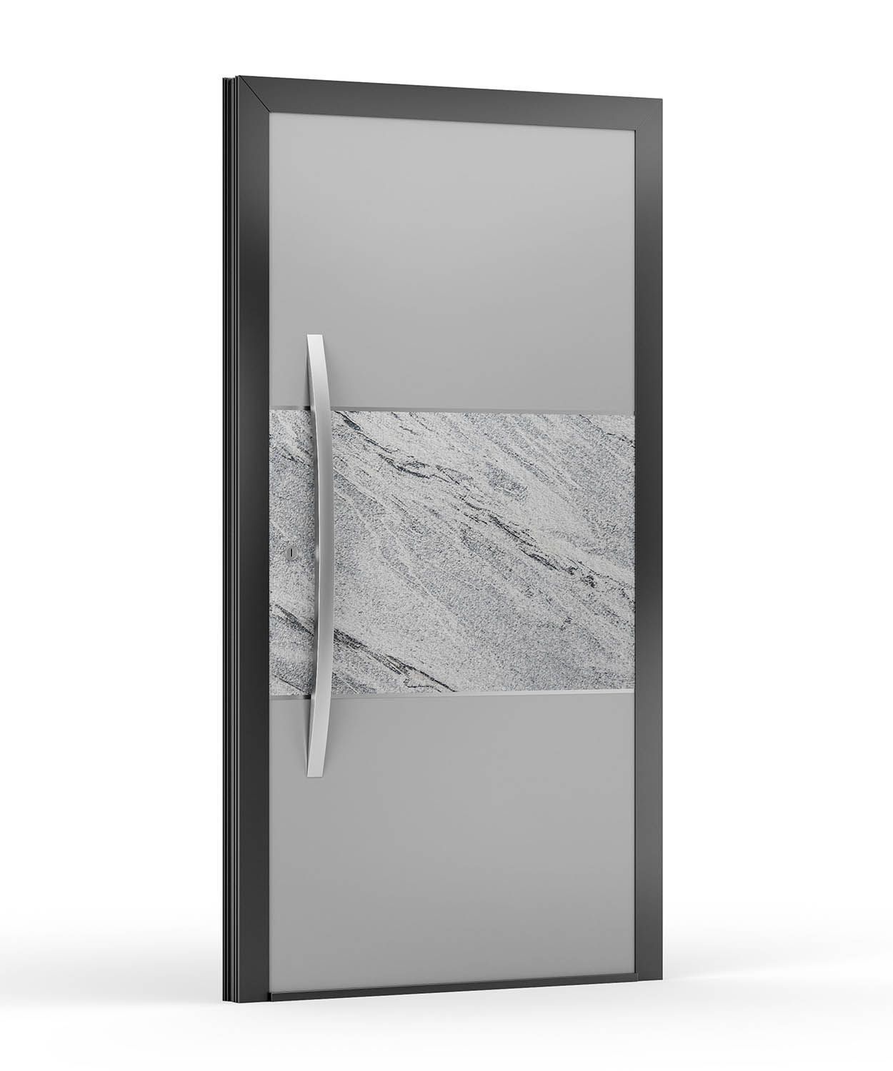 Moderne Haustür in Grau und Stein mit silbernem Griff in einem grauen Rahmen.