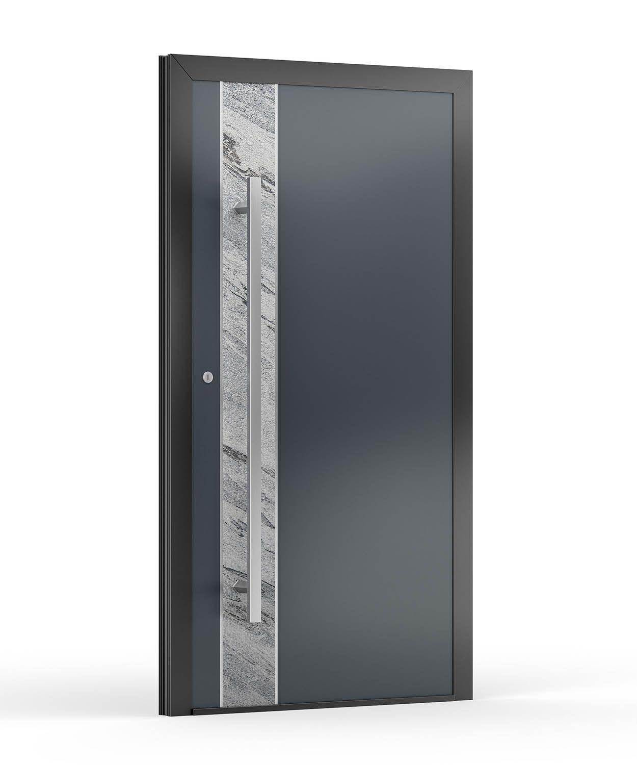 Graue Haustür mit Steinakzentplatte und silbernem Griff.