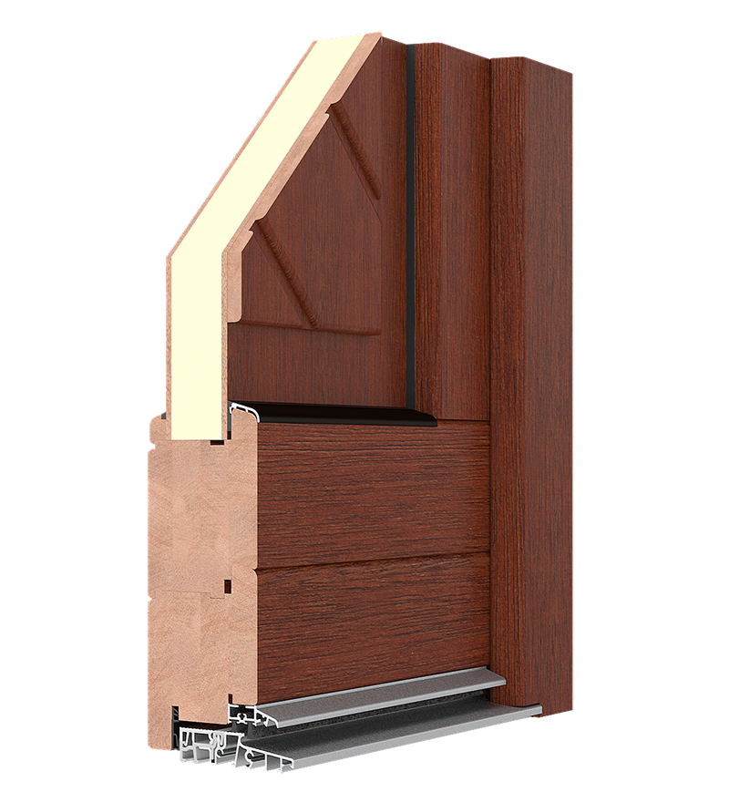 Querschnitt eines Holztürrahmens mit Isolierung und Aluminiumschwelle, der Konstruktionsdetails zeigt.