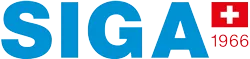 Logo der Firma SIGA mit Schweizer Flagge und der Jahreszahl 1966. Der Text ist blau.