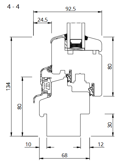 Querschnittsdiagramm eines Fensterrahmens mit den Maßen: Breite 92,5 mm, Höhe 88 mm und anderen Komponentengrößen.