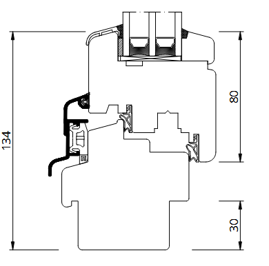 Querschnittszeichnung eines Fensterrahmens, beschriftet mit den Abmessungen: 134, 80 und 30.