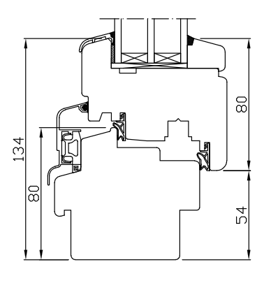 Querschnittsdiagramm eines Fensterrahmens mit den Abmessungen: 134 mm Gesamthöhe, 80 mm und 54 mm Abschnitte.