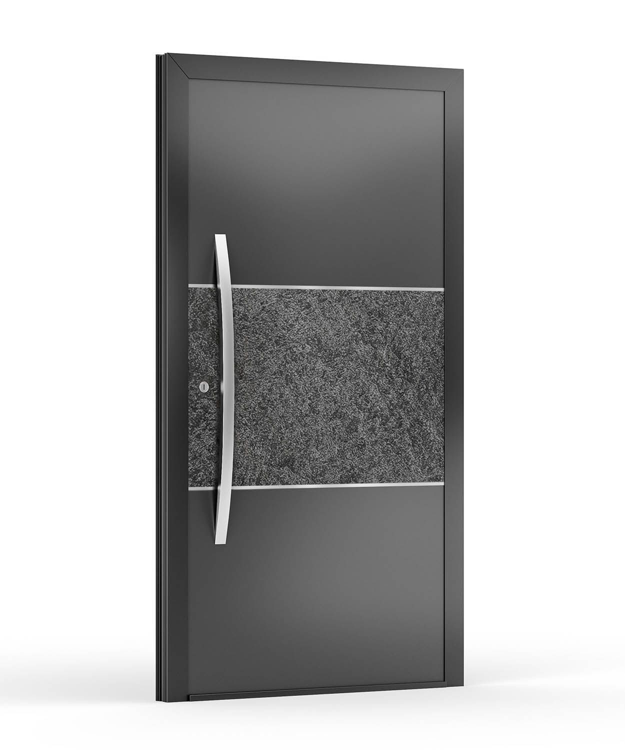 Schwarze Tür mit strukturiertem grauen Streifen und silbernem Griff.