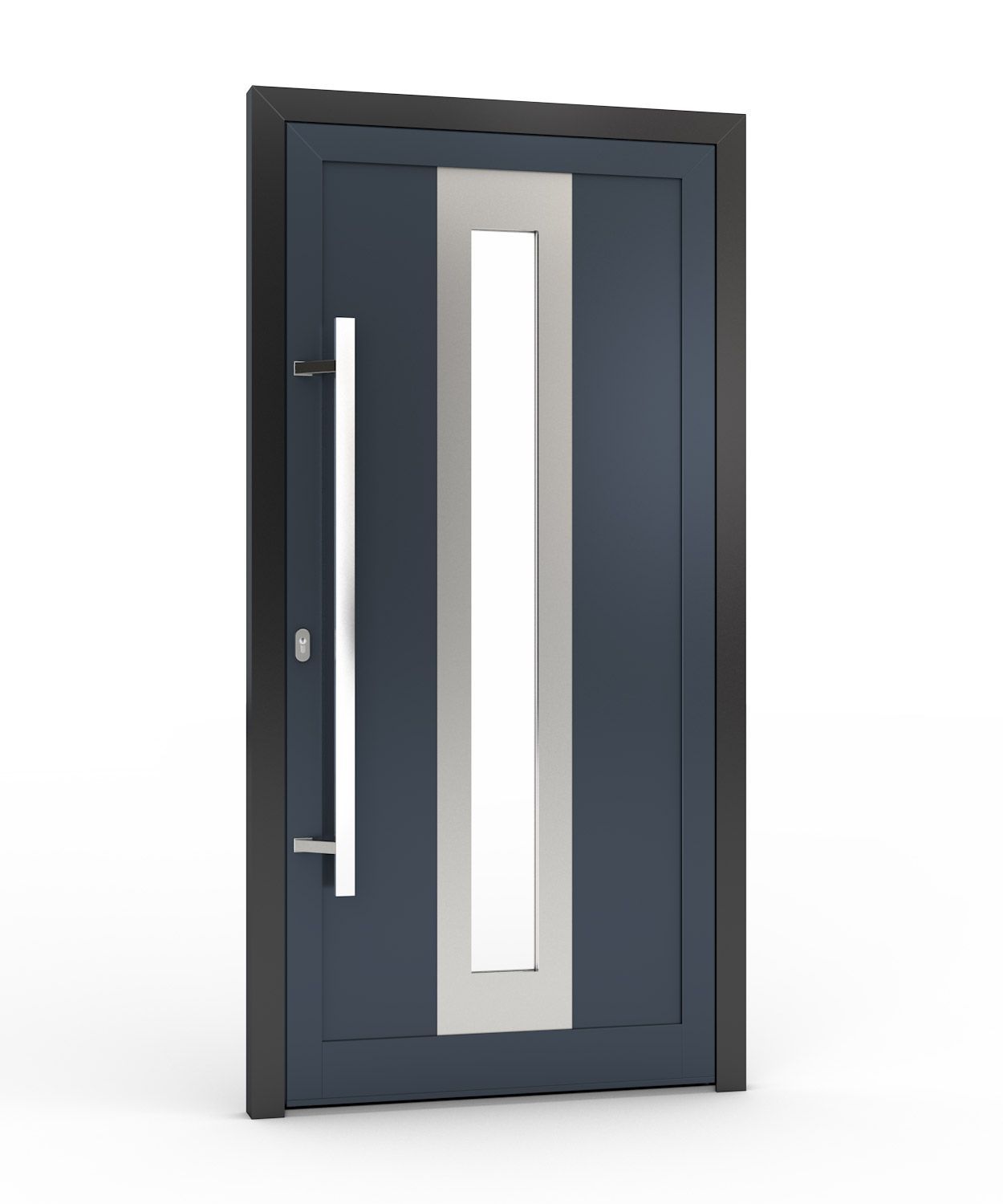 Blaue Vordertür mit senkrechter Glasscheibe und silbernem Griff.