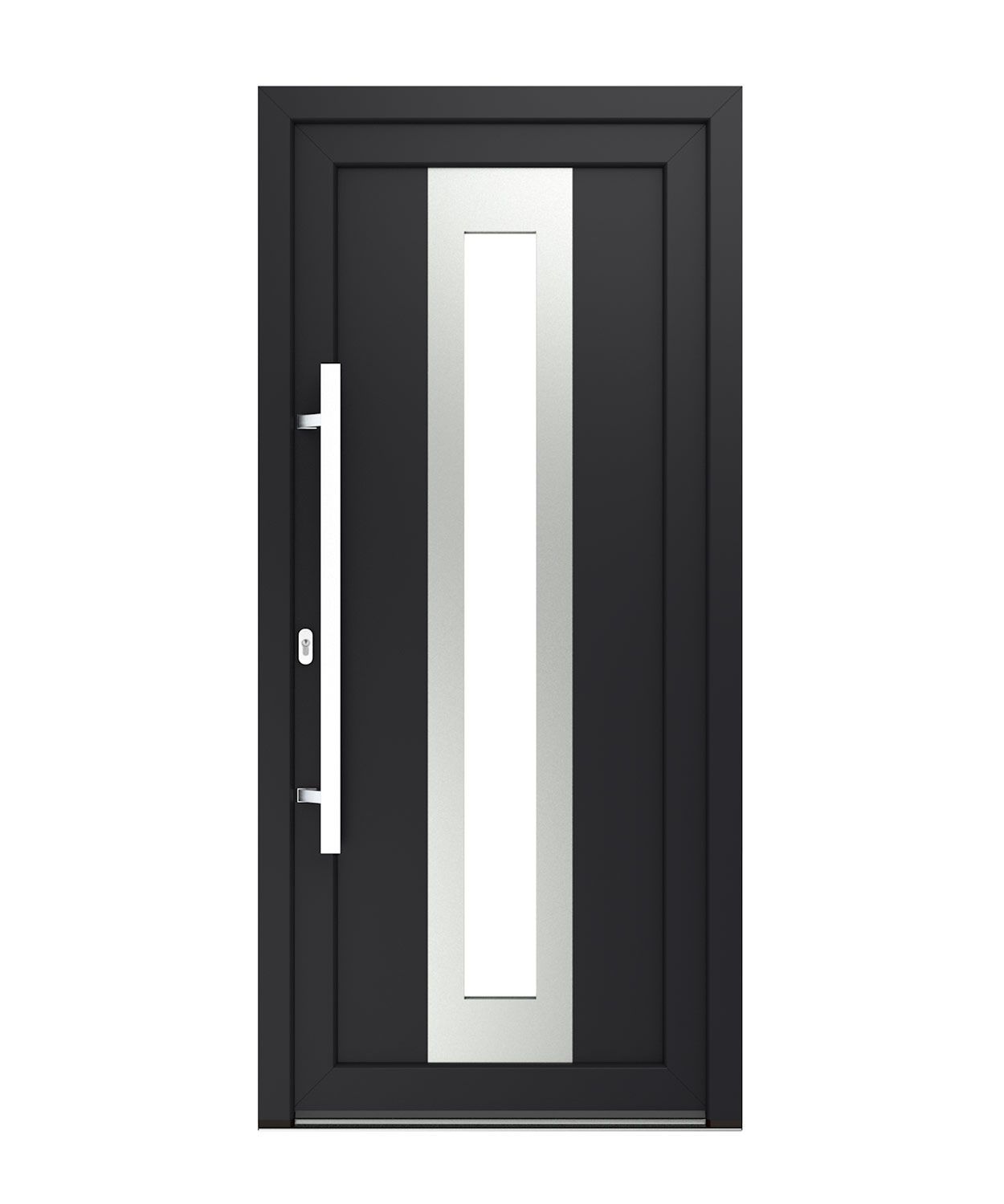 Dunkelgraue Eingangstür mit vertikaler Glasplatte und silbernem Griff.