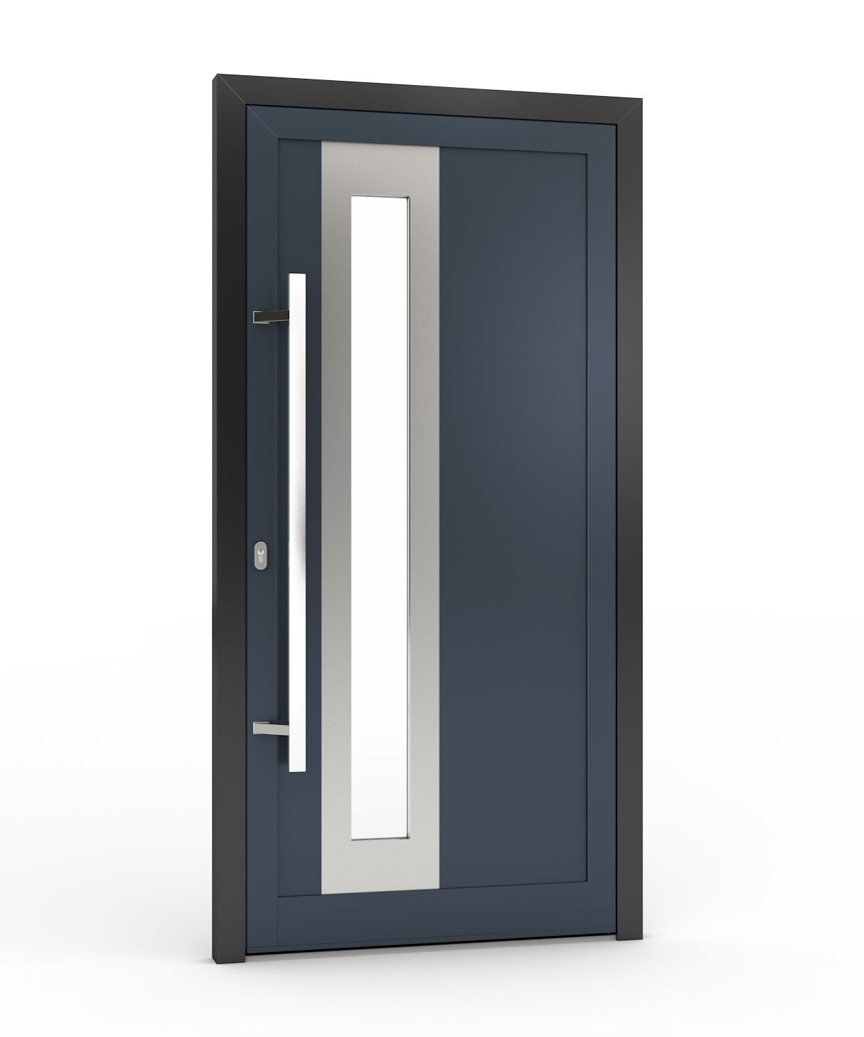 Dunkelblaue Haustür mit vertikalem Fenster und silbernem Griff.