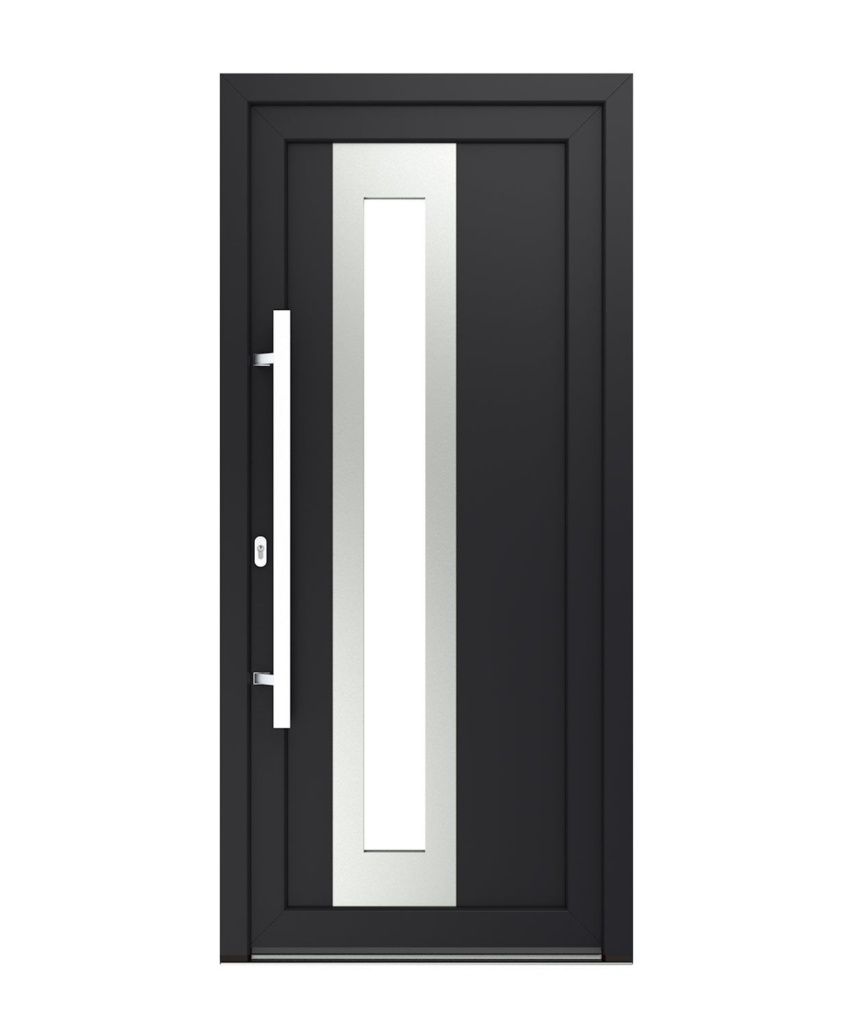 Schwarze Haustür mit vertikalem Fenster und langem silbernen Griff.