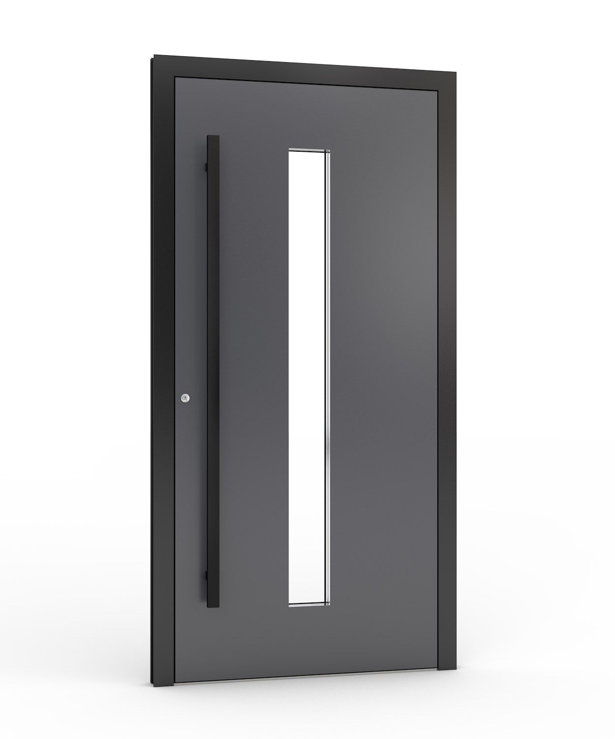 Graue, moderne Haustür mit langem, vertikalem Fenster und Griff.