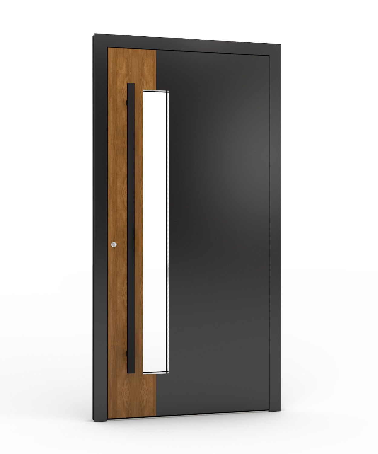 Moderne schwarze Tür mit vertikaler Glasscheibe, Holzpaneel und Griff.