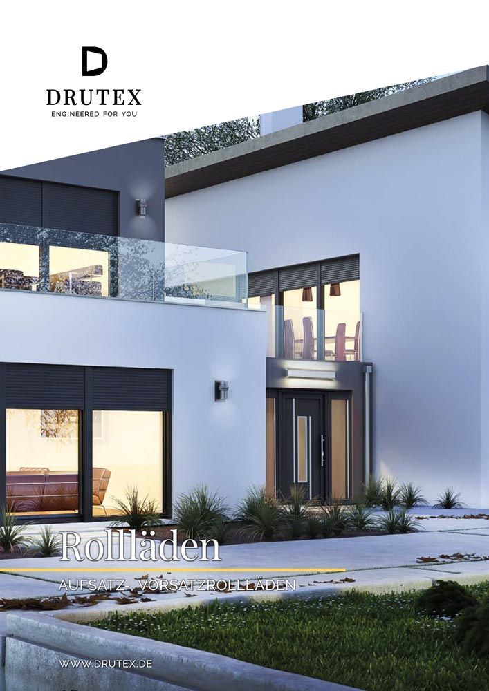 Modernes weißes Haus mit DRUTEX-Logo und dem Wort „Rolladen“ unten.