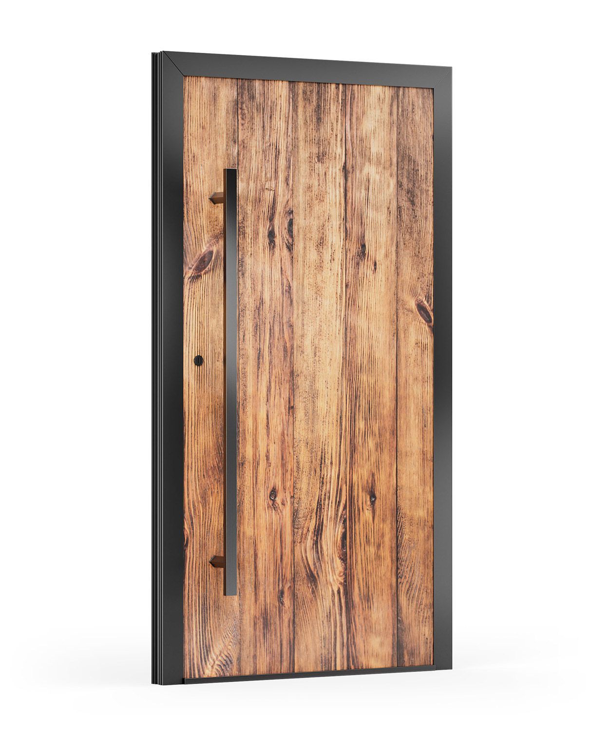 Holztür mit vertikalem schwarzen Griff und schwarzem Rahmen.