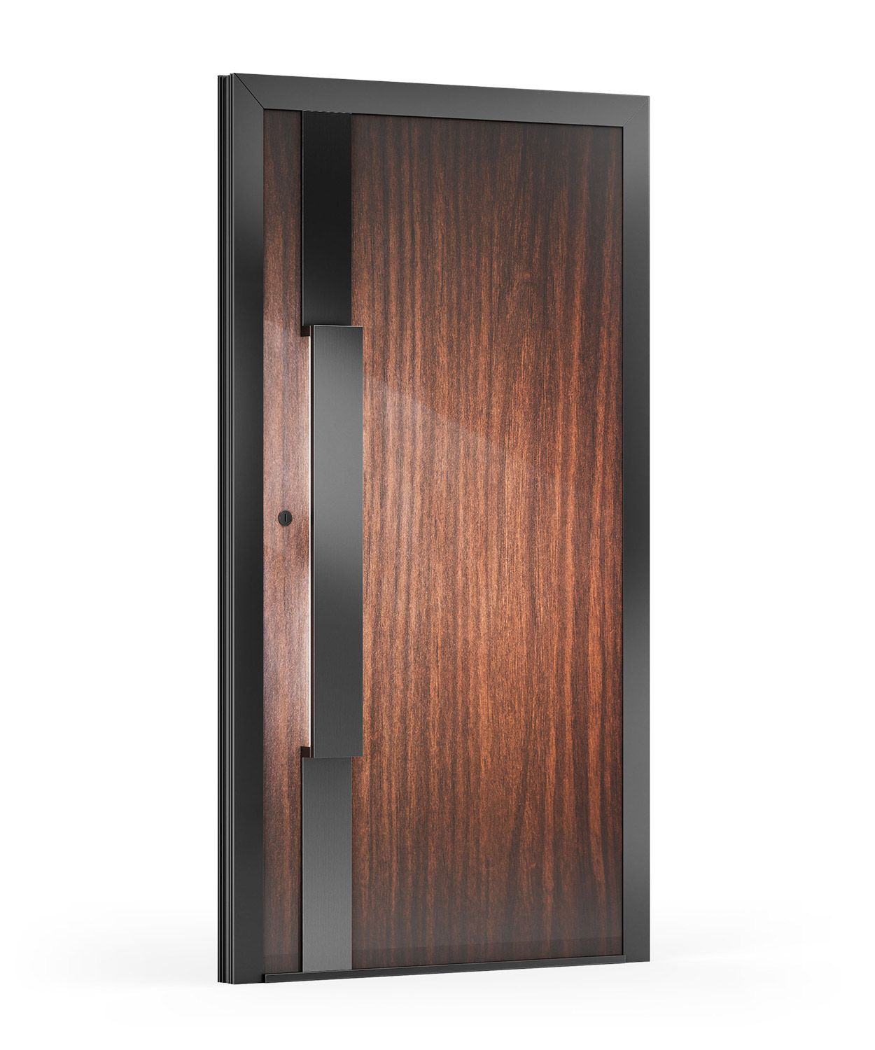 Moderne Eingangstür aus Holz mit dunklem Metallrahmen und langem vertikalen Griff.