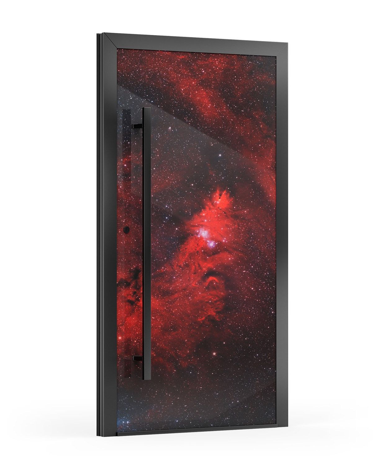 Tür mit schwarzem Rahmen und einem Sternennebelbild auf der Türoberfläche.