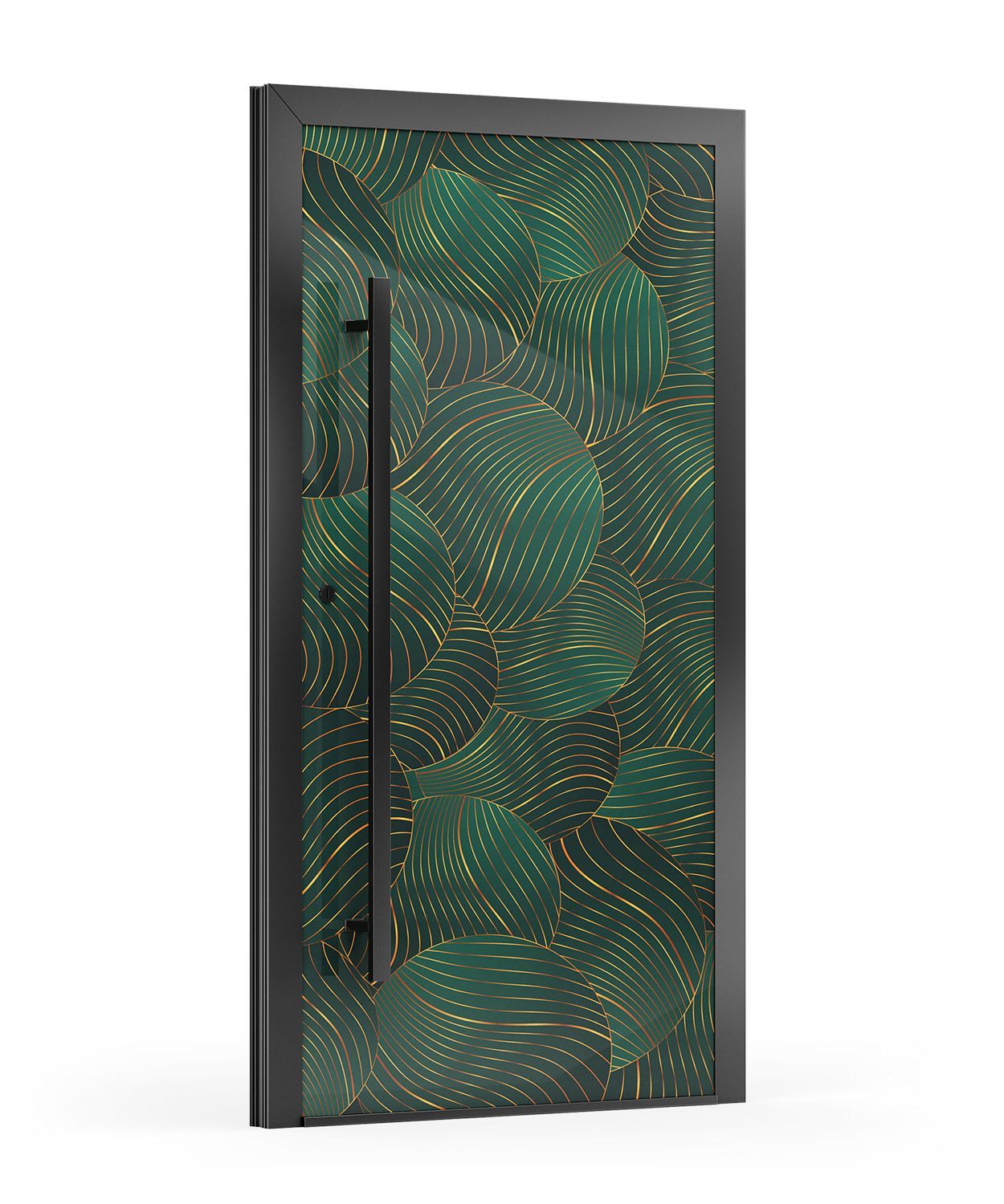 Tür mit schwarzem Rahmen und Griff. Grünes Blattmuster mit goldenen Akzenten.