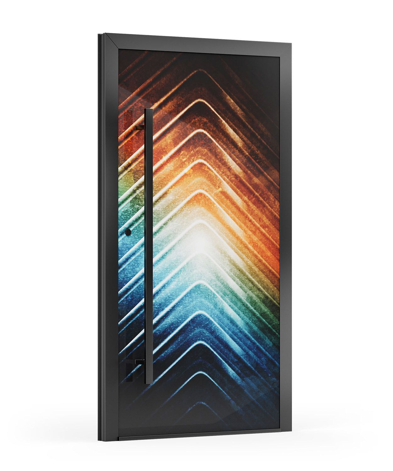 Moderne schwarze Tür mit vertikalem Griff und farbenfrohem Paneel mit Chevron-Muster.