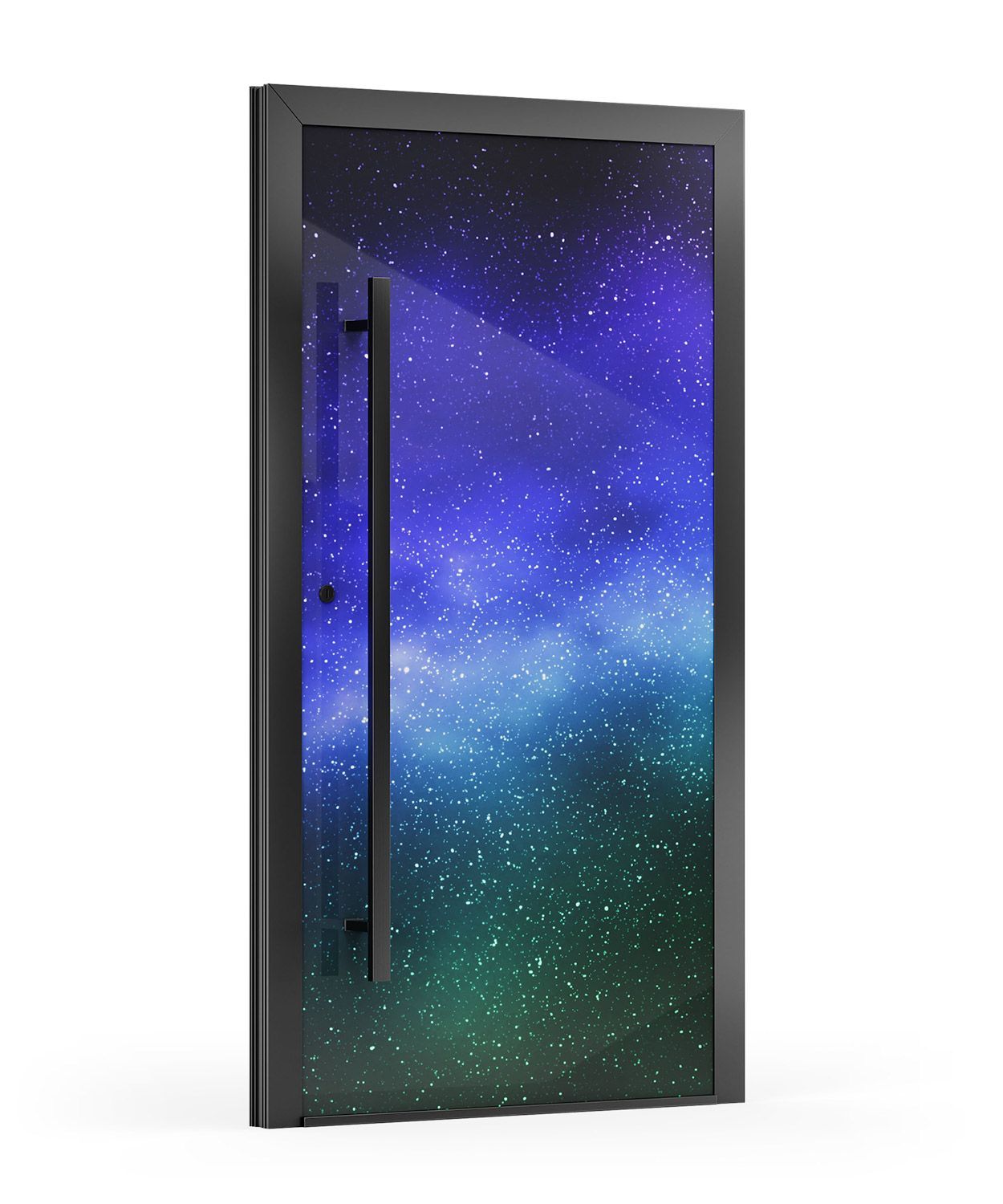 Türöffnung, die einen leuchtenden Nebel mit Sternen freigibt; schwarzer Rahmen und Griff.