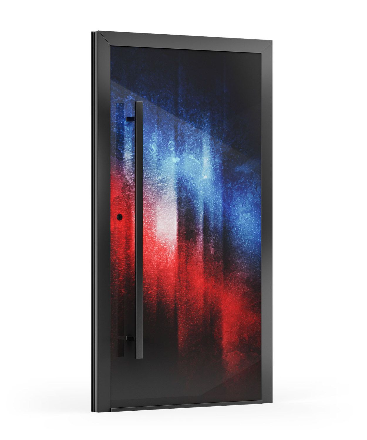 Schwarze Tür mit roter, weißer und blauer abstrakter Kunst. Vertikaler schwarzer Griff und Rahmen.