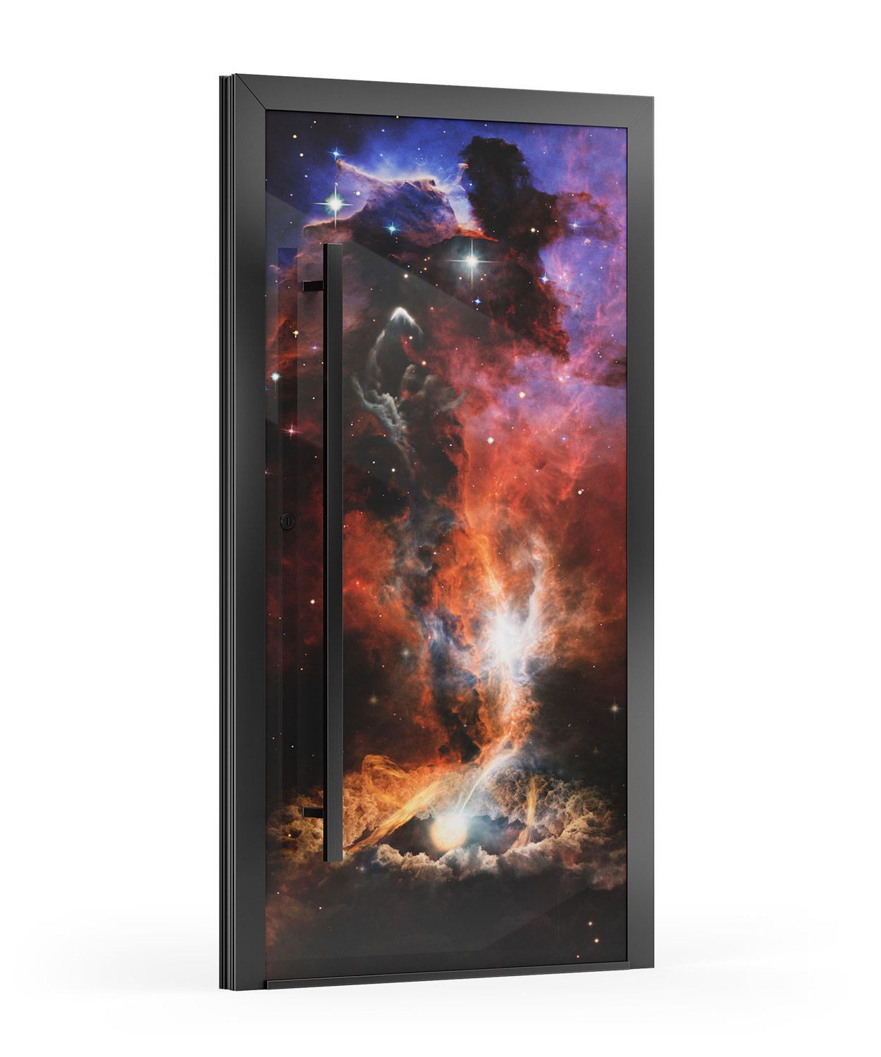 Tür mit einer Galaxiennebelgrafik, schwarzem Rahmen und langem Griff.