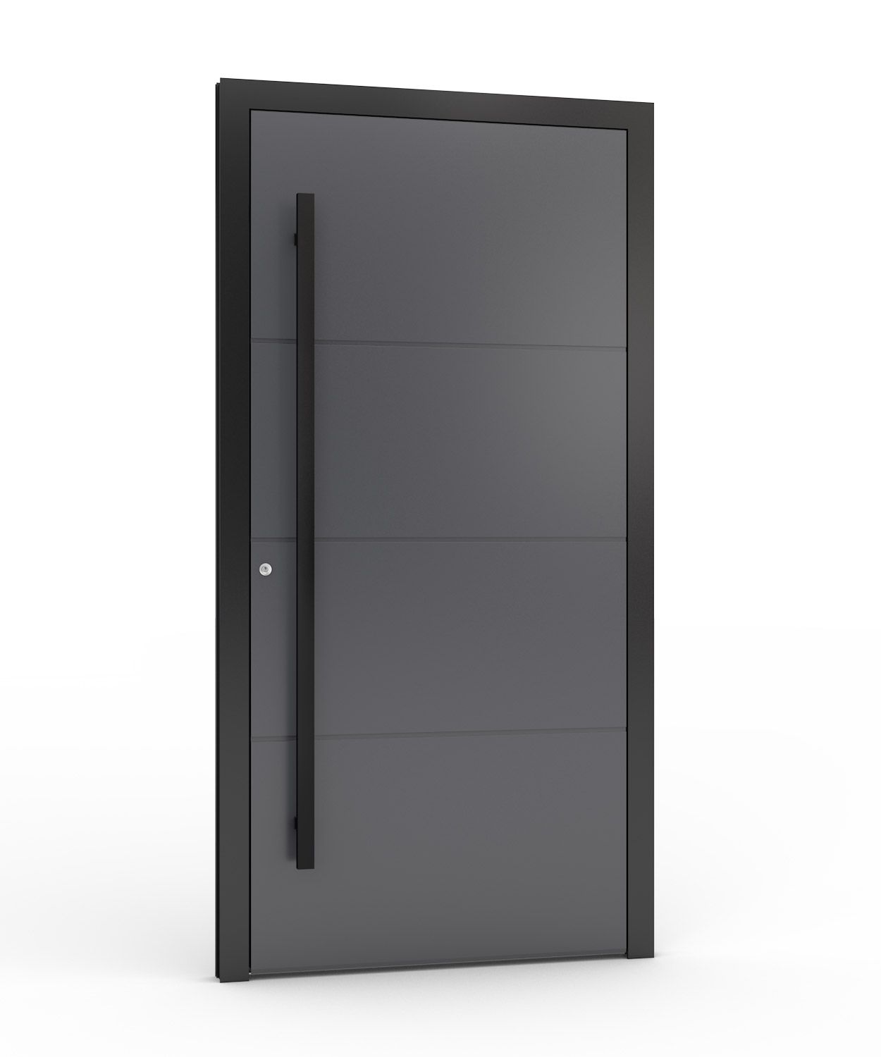 Moderne graue Haustür mit langem schwarzen Griff.