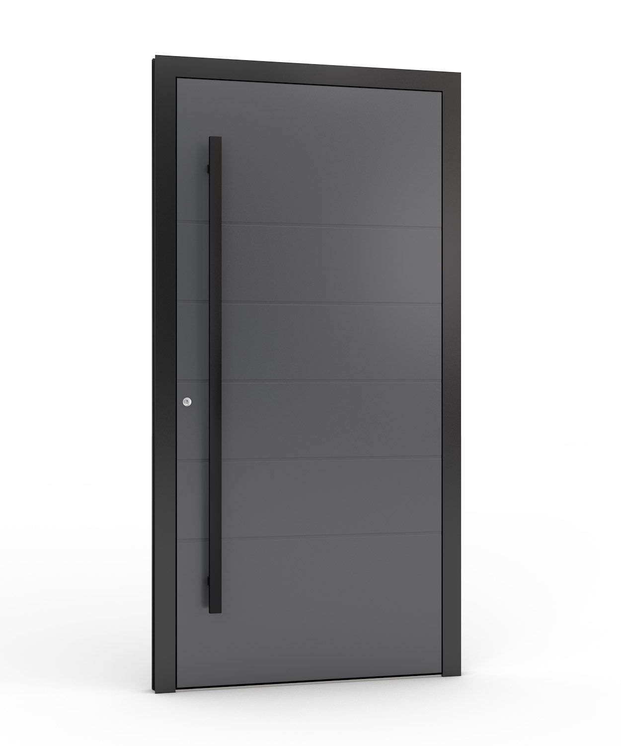 Moderne graue Haustür mit schwarzem Griff und horizontalen Linien.