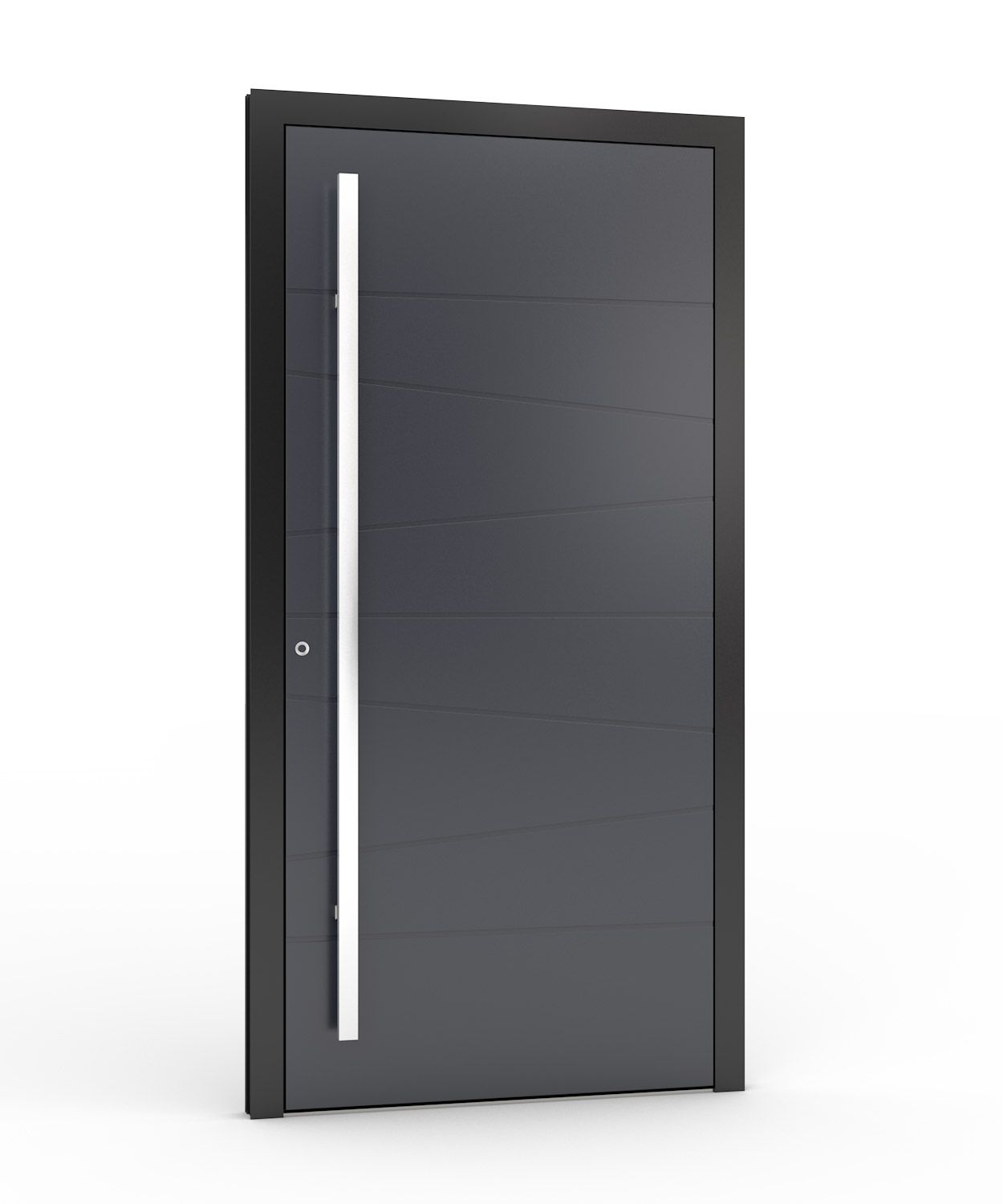 Graue moderne Tür mit einem vertikalen silbernen Griff.