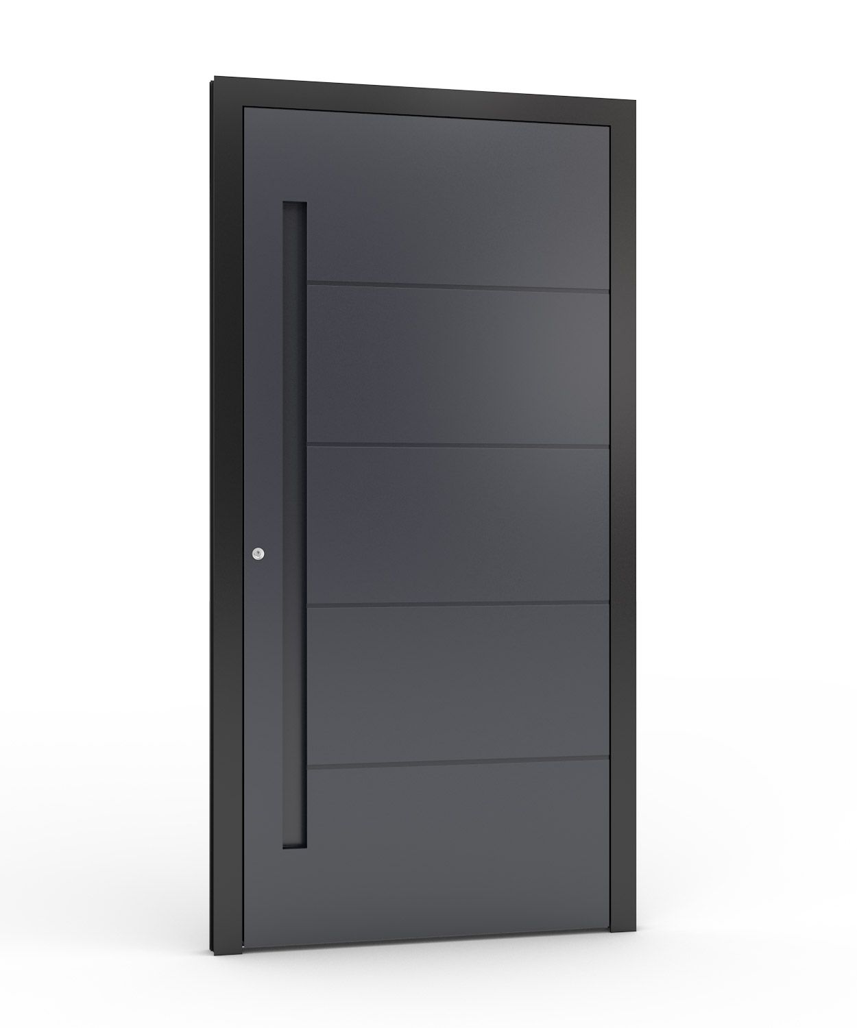 Moderne dunkelgraue Haustür mit horizontalen Linien und einem vertikalen Griff.