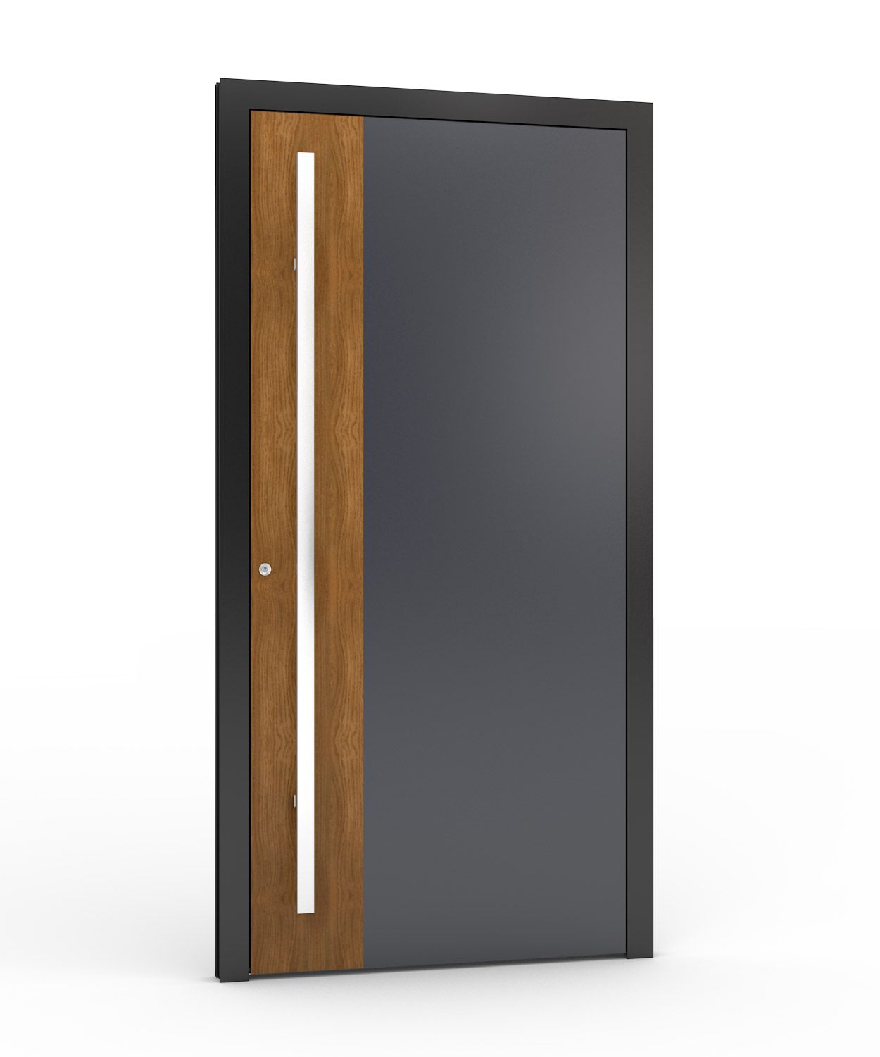 Moderne graue Eingangstür mit Holzpaneel und vertikalem weißen Lichtstreifen.